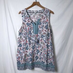 J Jill Women Sleeveless Top White Blue Floral Paisley Size L Boho Summer Coastal